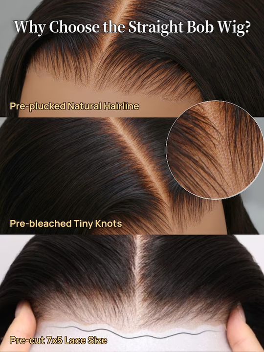 Hair Straight Bob Wig 7x5 Pre-Bleached Natural Looking Glueless Wig with Invisi Drawstring